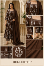 Chocolate Brown Mull Cotton Round Kurti 3-Piece Set with Pant & Dupatta