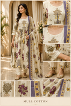 Ivory Mull Cotton Round Kurti 3-Piece Set with Pant & Dupatta
