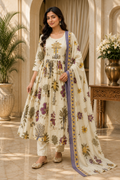 Ivory Mull Cotton Round Kurti 3-Piece Set with Pant & Dupatta