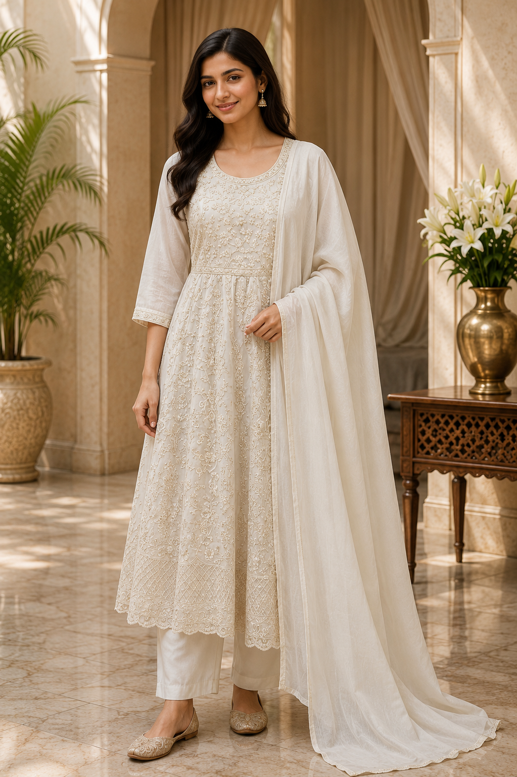 Ivory Mull Cotton A-Line 3-Piece Set with Pant & Dupatta