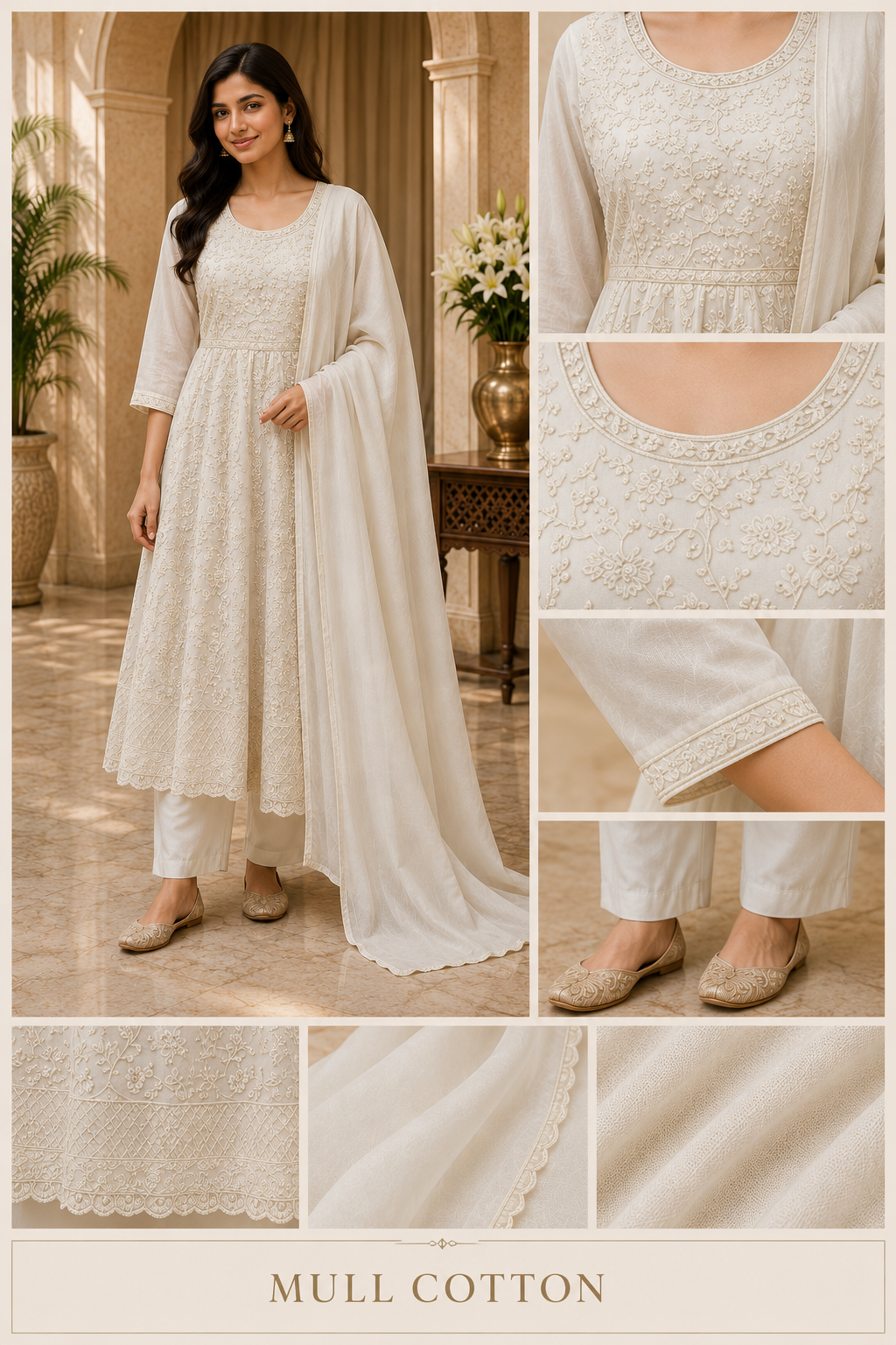 Ivory Mull Cotton A-Line 3-Piece Set with Pant & Dupatta