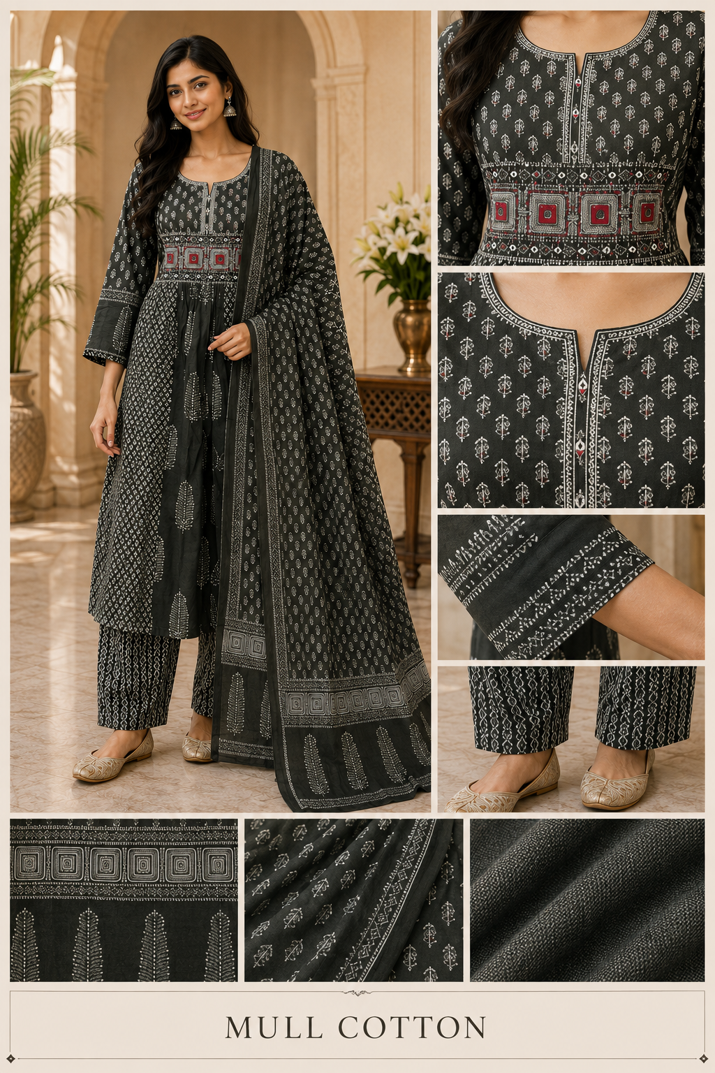 Charcoal Black Mull Cotton Round Kurti 3-Piece Set with Pant & Dupatta