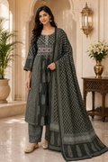 Charcoal Black Mull Cotton Round Kurti 3-Piece Set with Pant & Dupatta