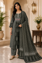 Charcoal Black Mull Cotton Round Kurti 3-Piece Set with Pant & Dupatta