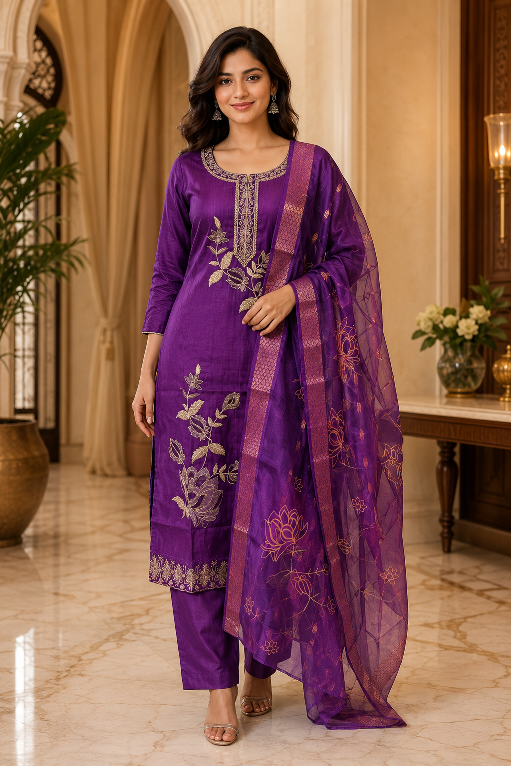 Purple Tussar Silk Straight Kurti 3-Piece Set with Pant & Dupatta