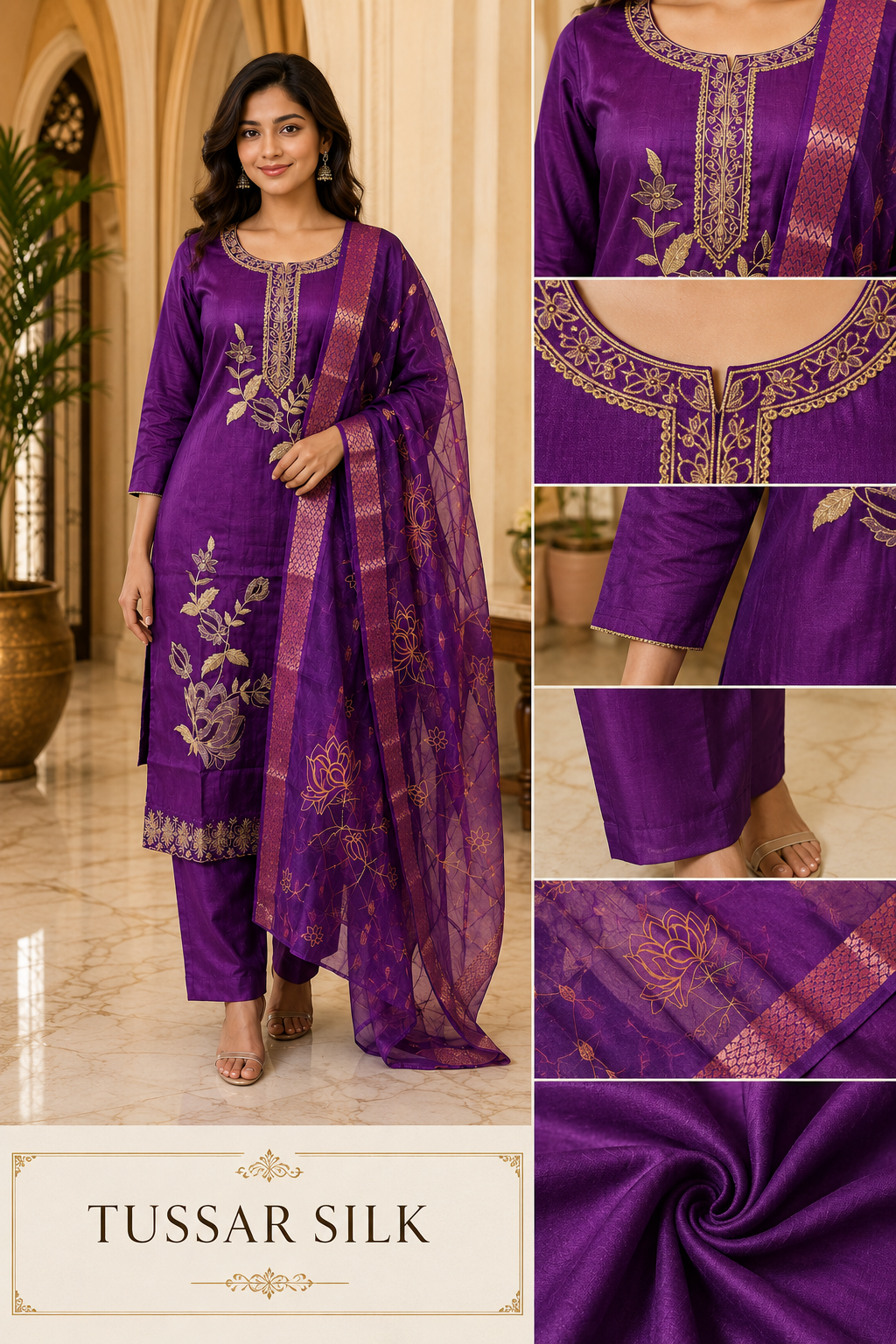 Purple Tussar Silk Straight Kurti 3-Piece Set with Pant & Dupatta