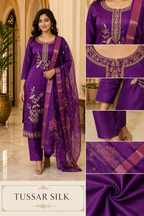 Purple Tussar Silk Straight Kurti 3-Piece Set with Pant & Dupatta