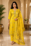 Mustard Yellow Tussar Silk Straight Kurti 3-Piece Set with Pant & Dupatta