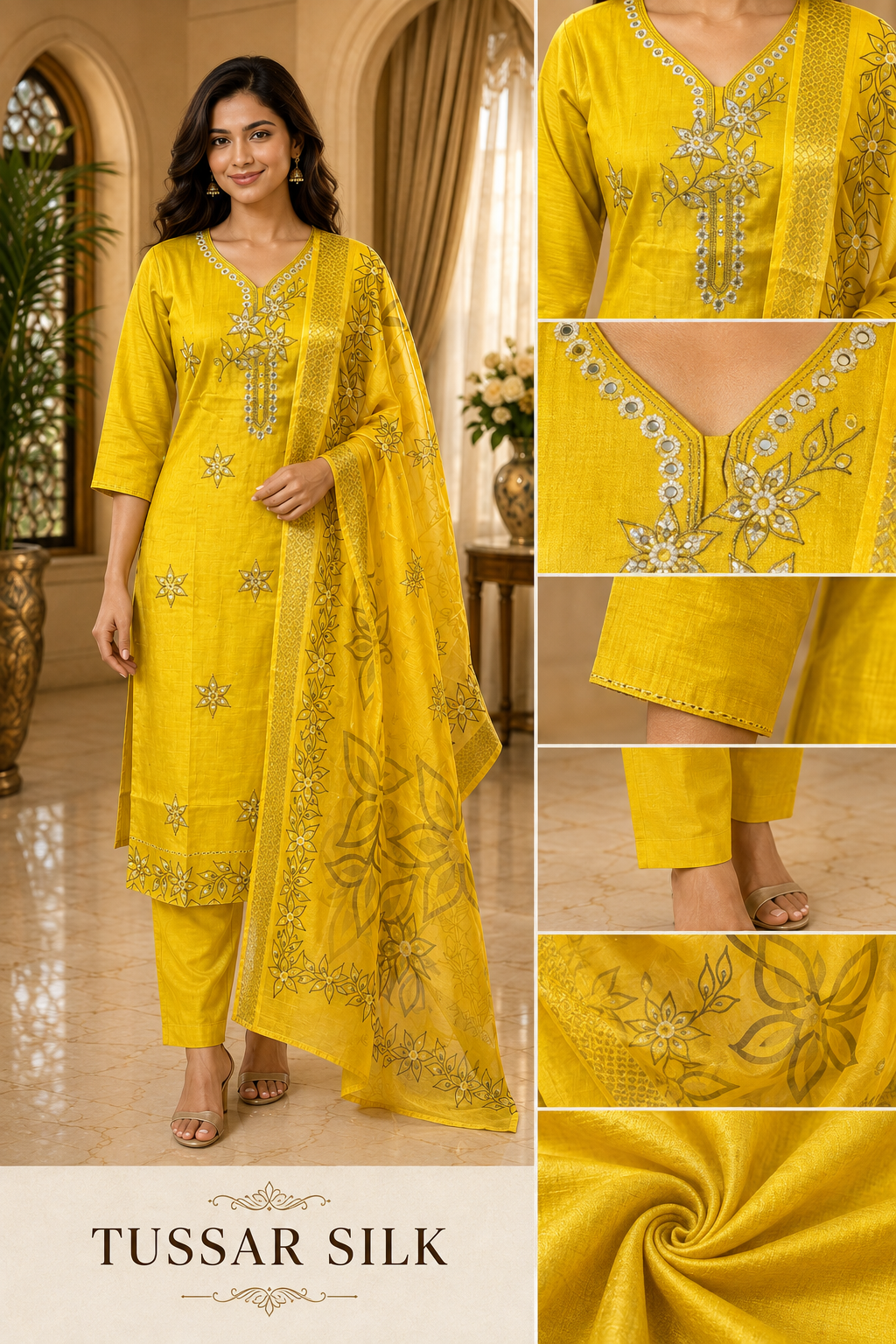 Mustard Yellow Tussar Silk Straight Kurti 3-Piece Set with Pant & Dupatta