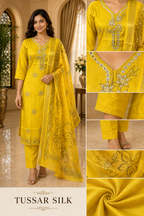 Mustard Yellow Tussar Silk Straight Kurti 3-Piece Set with Pant & Dupatta