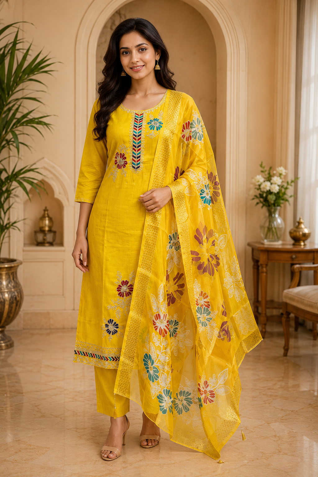 Mustard Yellow Tussar Silk Straight Kurti 3-Piece Set with Pant & Dupatta