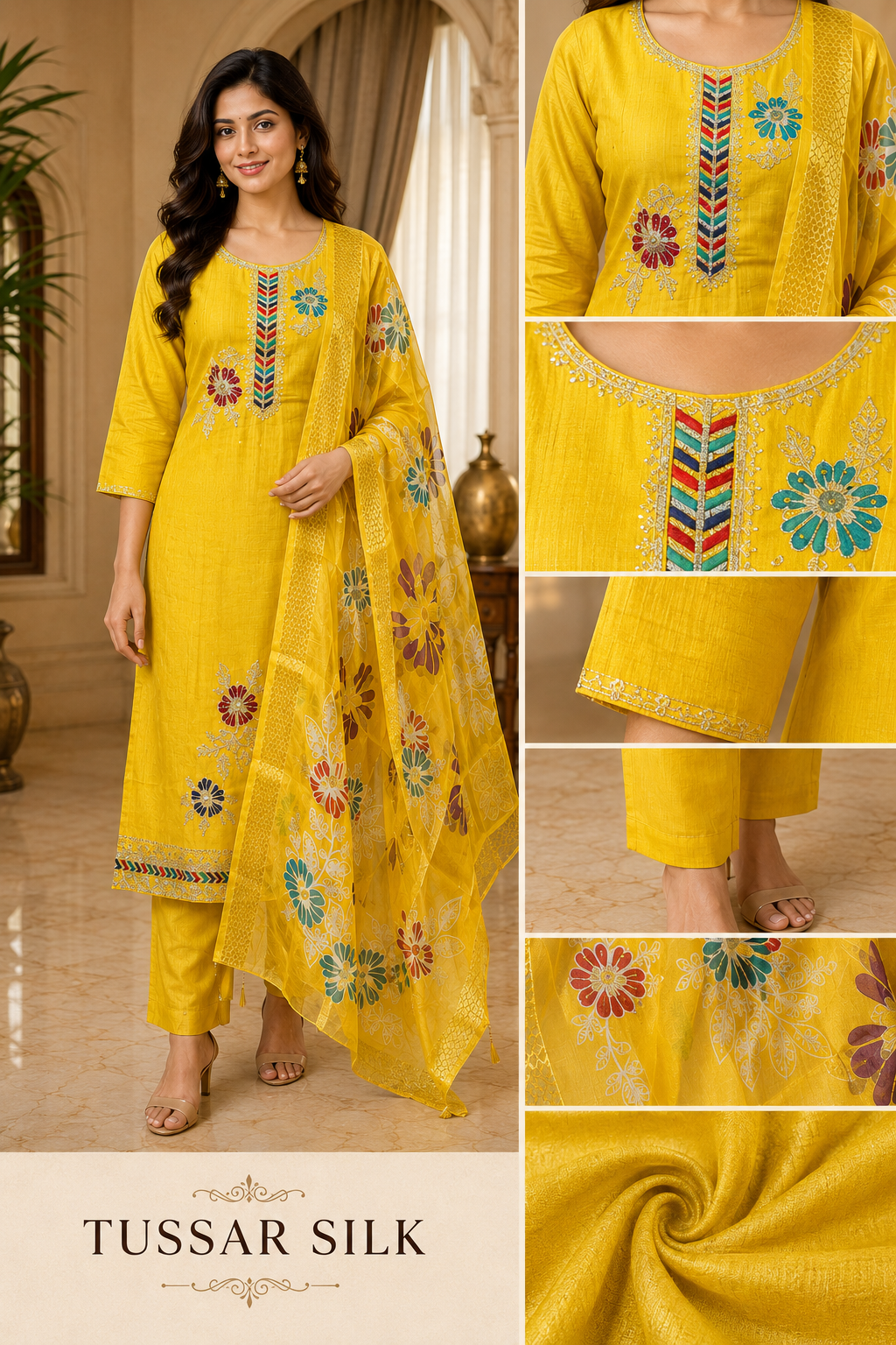 Mustard Yellow Tussar Silk Straight Kurti 3-Piece Set with Pant & Dupatta
