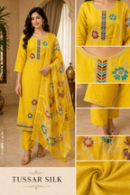 Mustard Yellow Tussar Silk Straight Kurti 3-Piece Set with Pant & Dupatta