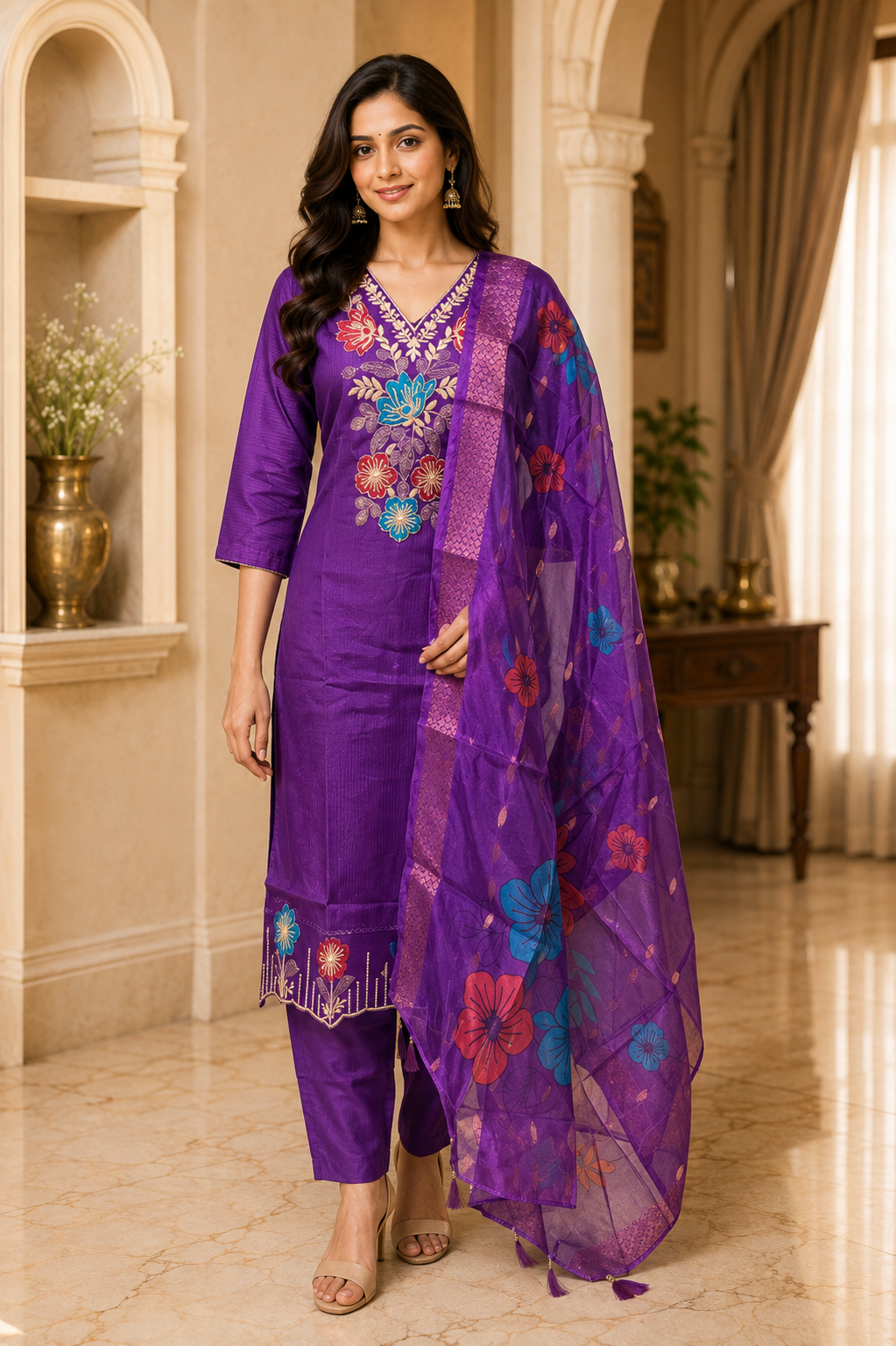 Purple Tussar Silk Straight Kurti 3-Piece Set with Pant & Dupatta