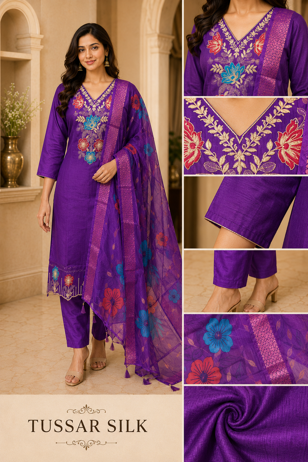 Purple Tussar Silk Straight Kurti 3-Piece Set with Pant & Dupatta