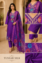 Purple Tussar Silk Straight Kurti 3-Piece Set with Pant & Dupatta