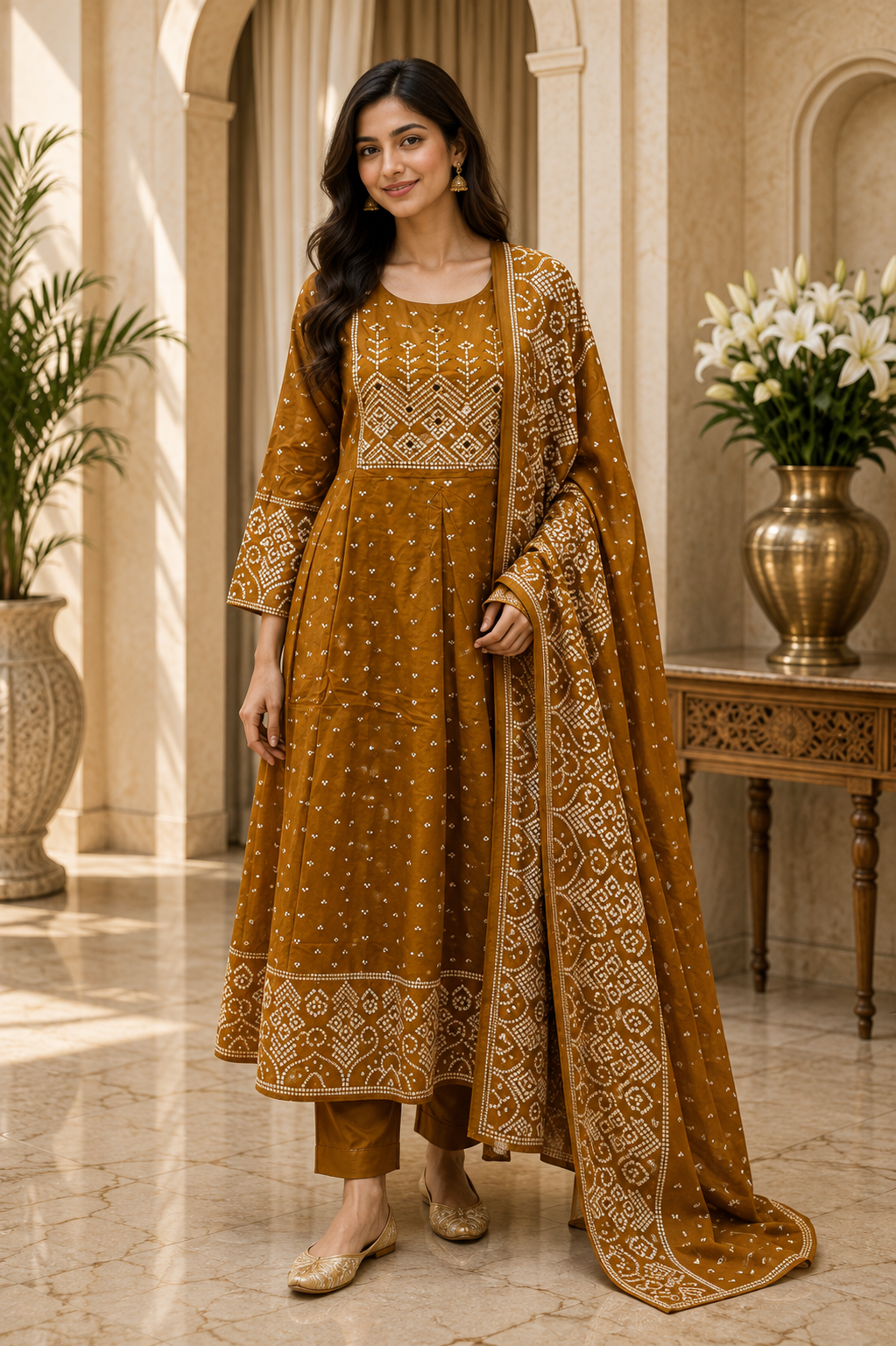 Mustard Mull Cotton A-Line Kurti 3-Piece Set with Pant & Dupatta