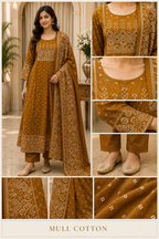 Mustard Mull Cotton A-Line Kurti 3-Piece Set with Pant & Dupatta