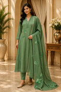 Green Mull Cotton A-Line Kurti 3-Piece Set with Pant & Dupatta