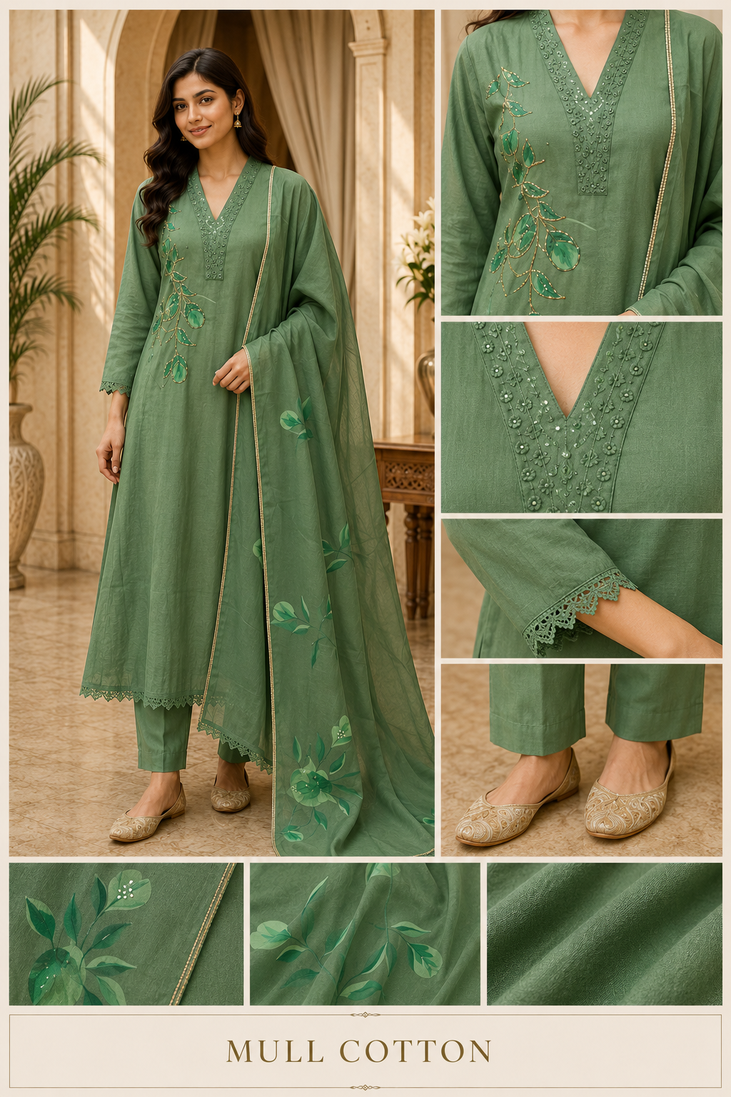 Green Mull Cotton A-Line Kurti 3-Piece Set with Pant & Dupatta