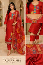 Red Tussar Silk Straight Kurti 3-Piece Set with Pant & Dupatta