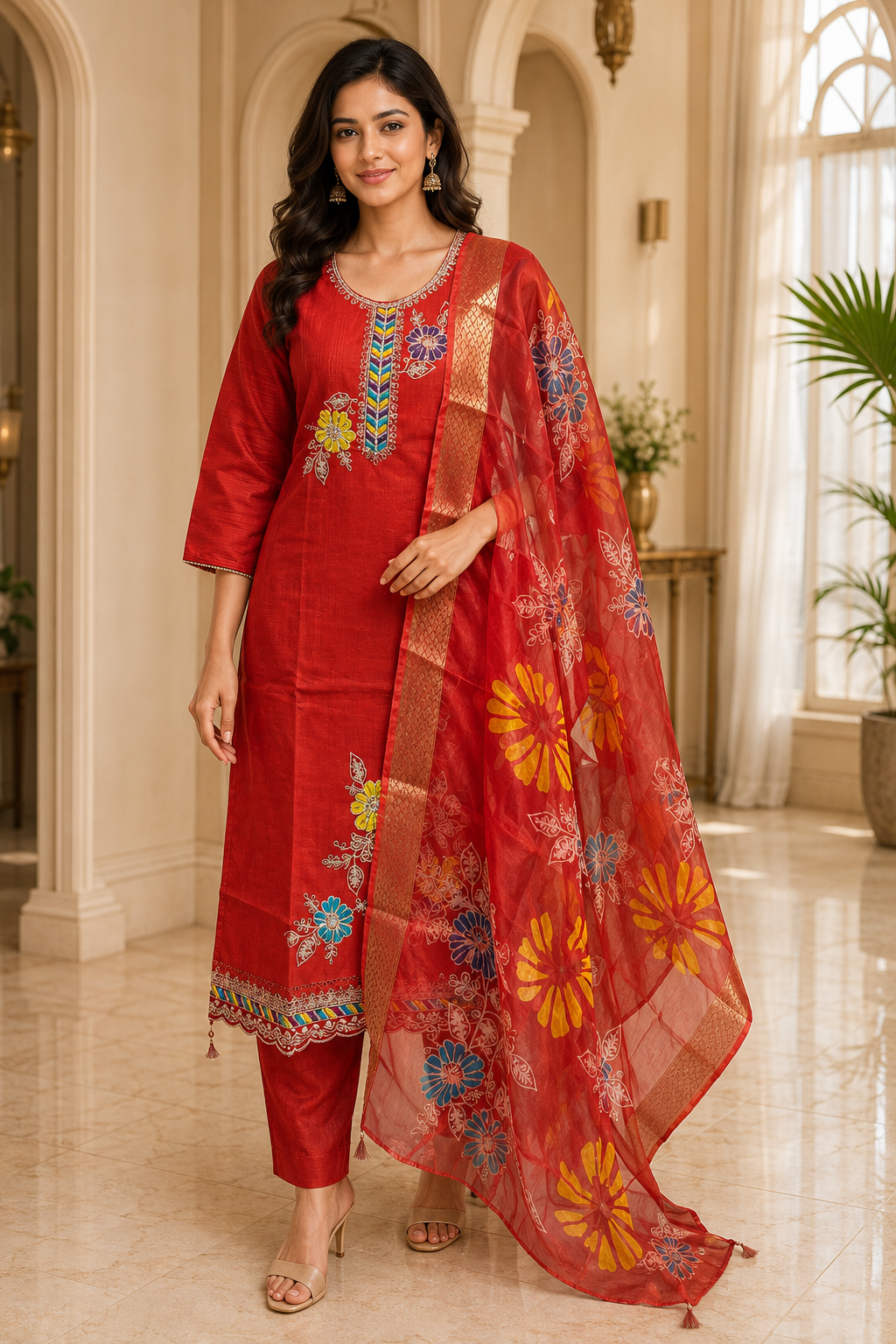 Red Tussar Silk Straight Kurti 3-Piece Set with Pant & Dupatta