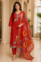 Red Tussar Silk Straight Kurti 3-Piece Set with Pant & Dupatta