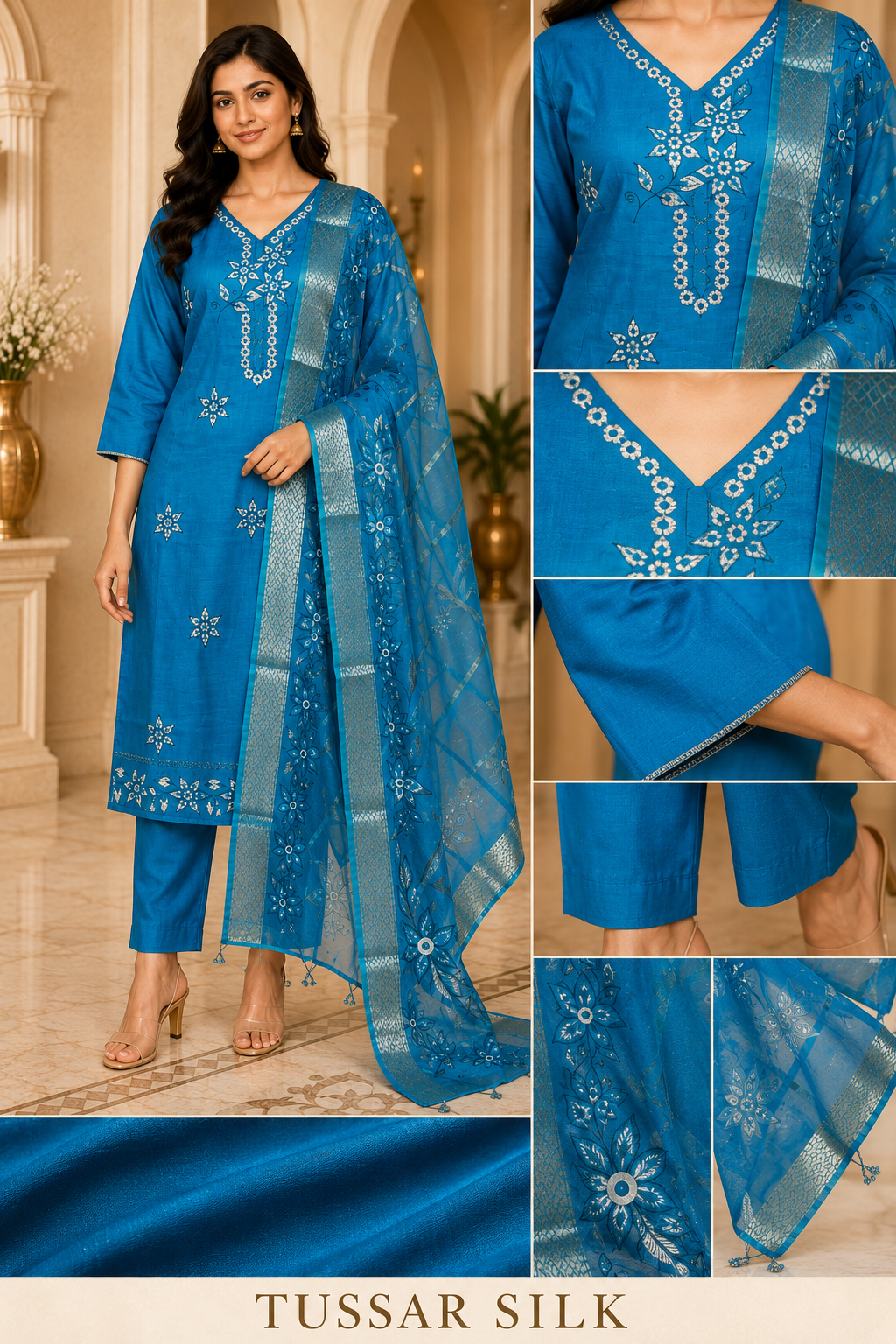 Teal Blue Tussar Silk Straight Kurti 3-Piece Set with Pant & Dupatta