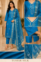 Teal Blue Tussar Silk Straight Kurti 3-Piece Set with Pant & Dupatta
