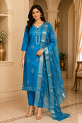 Teal Blue Tussar Silk Straight Kurti 3-Piece Set with Pant & Dupatta
