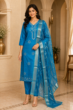 Teal Blue Tussar Silk Straight Kurti 3-Piece Set with Pant & Dupatta