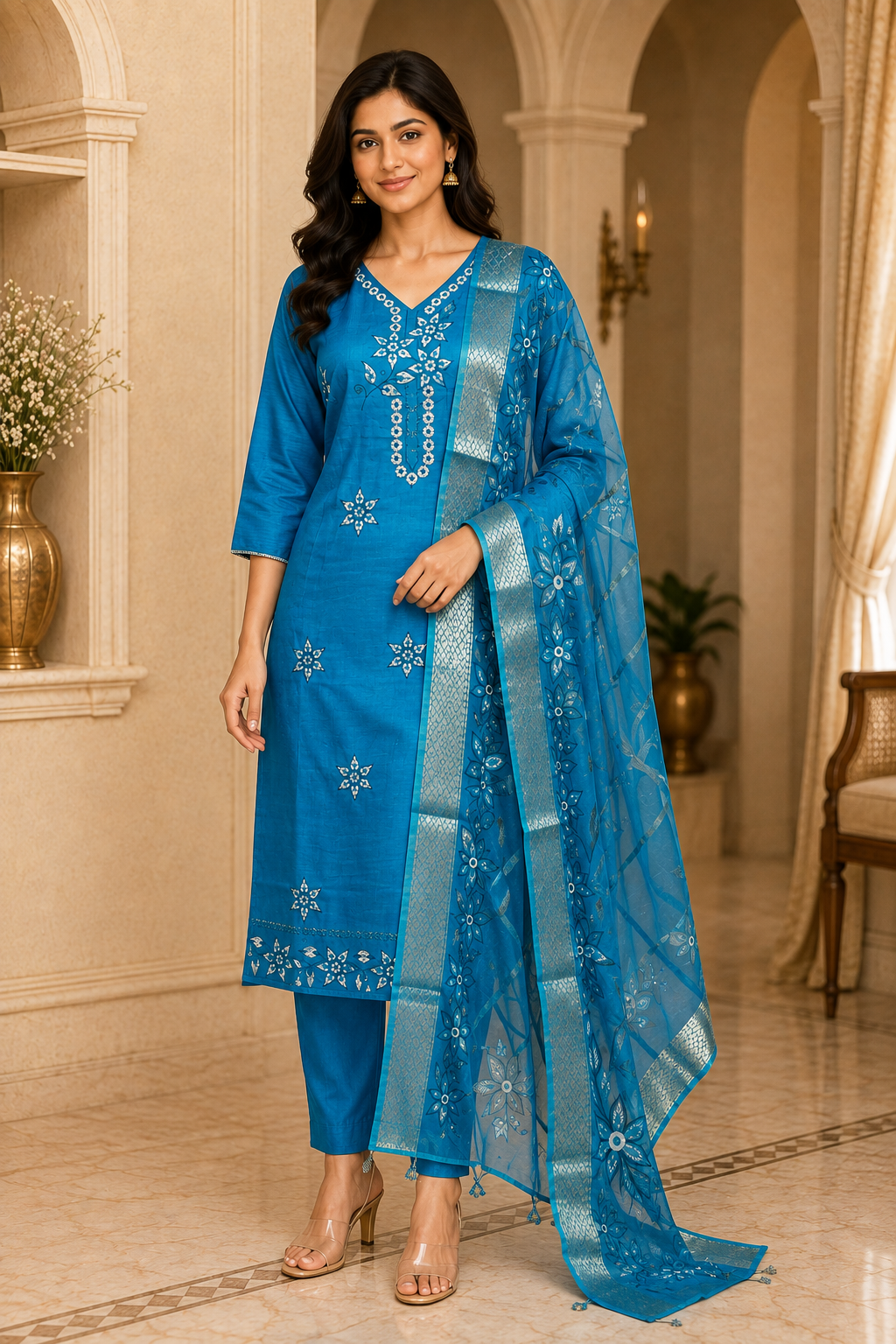 Teal Blue Tussar Silk Straight Kurti 3-Piece Set with Pant & Dupatta