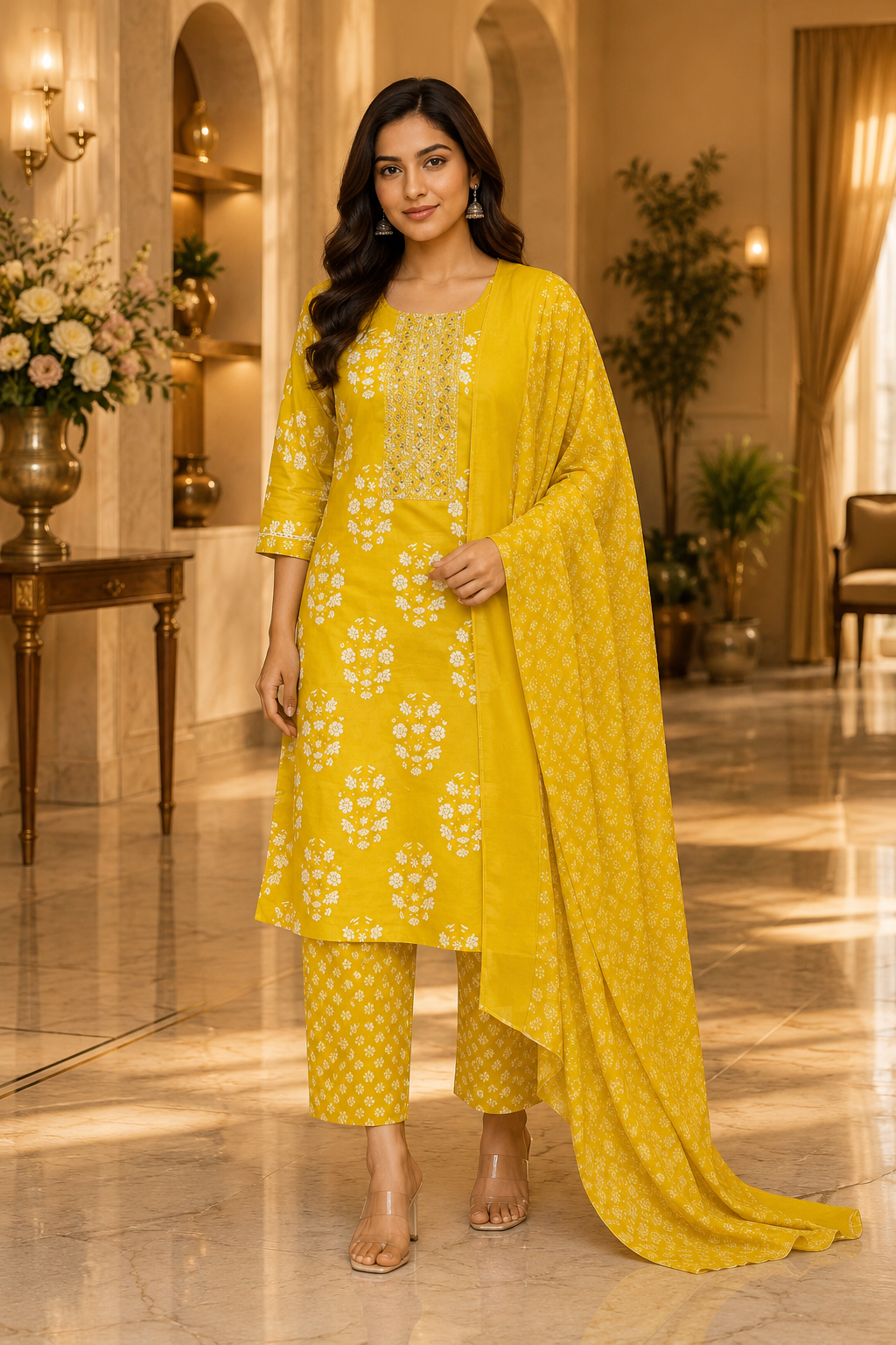 Mustard Yellow Cotton 3-Piece Set with Embroidered Yoke Printed Dupatta