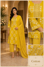 Mustard Yellow Cotton 3-Piece Set with Embroidered Yoke Printed Dupatta