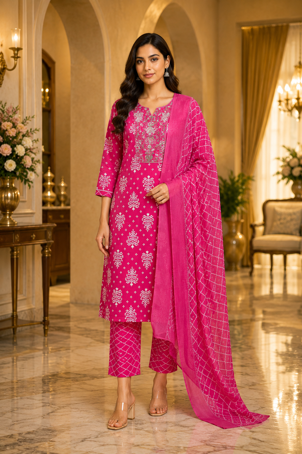 Rani Pink Cotton 3-Piece Set with Embroidered Neck Detail