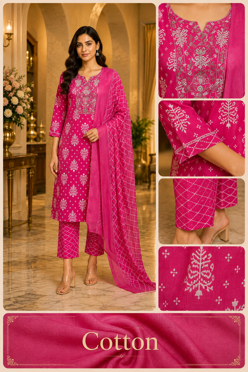 Rani Pink Cotton 3-Piece Set with Embroidered Neck Detail
