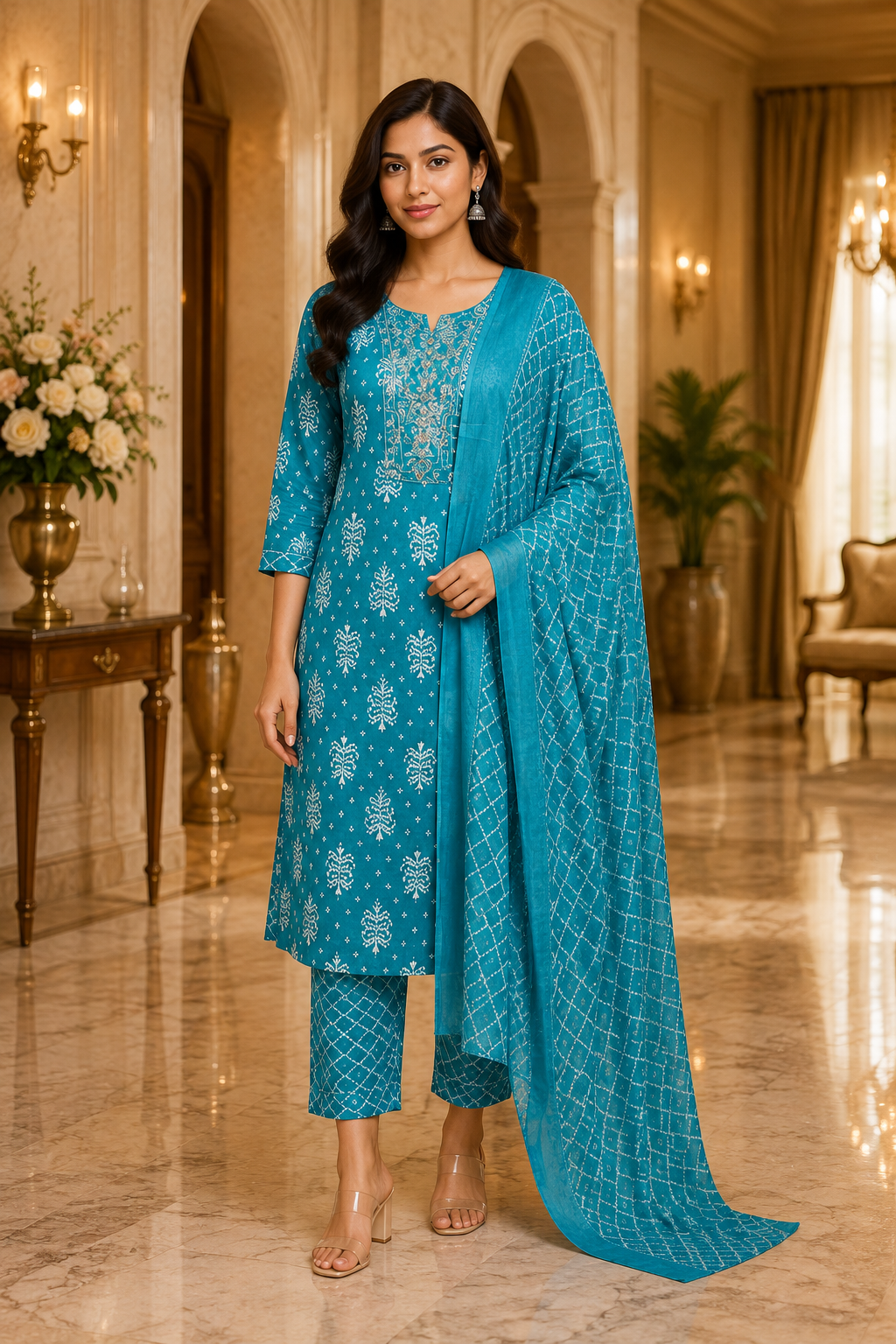 Turquoise Blue Cotton 3-Piece Set