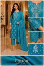 Turquoise Blue Cotton 3-Piece Set