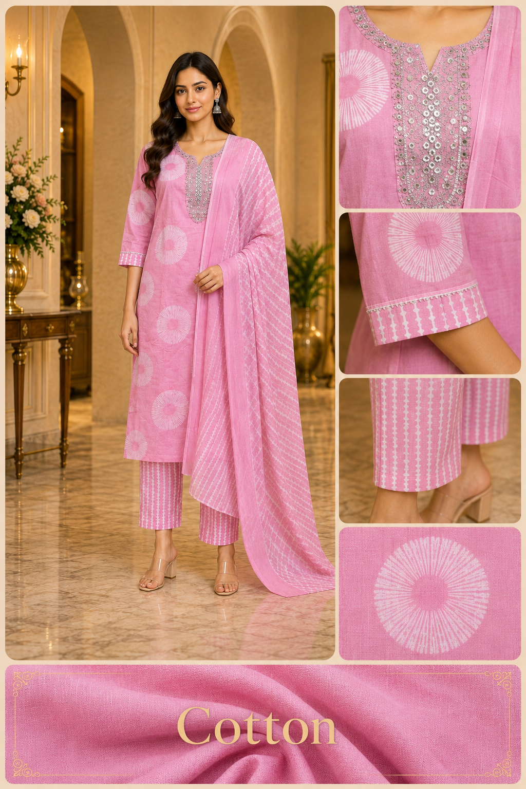Blush Pink Cotton Hand Work 3-Piece Set