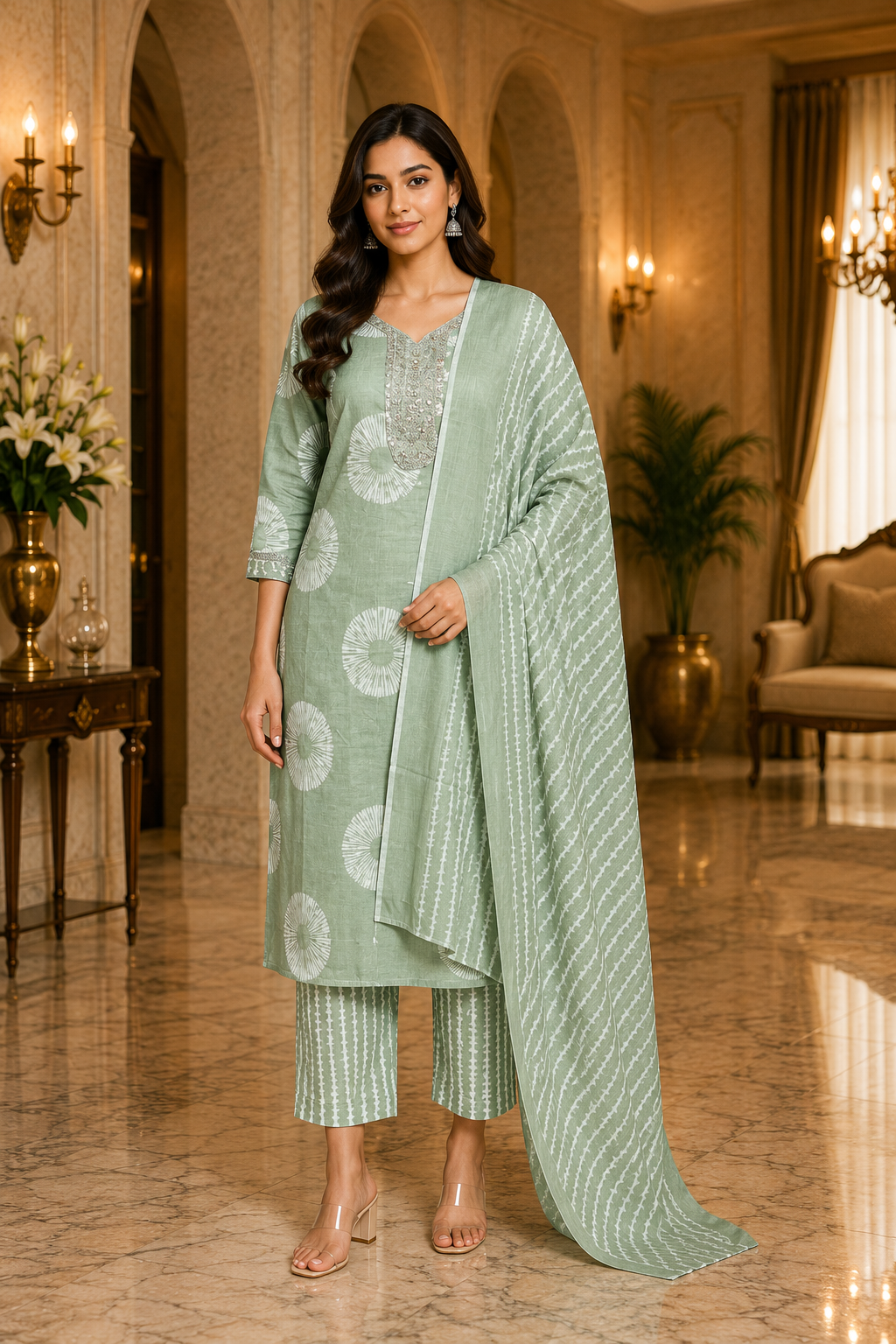 Sage Green Cotton 3-Piece Set with Embroidered Neckline