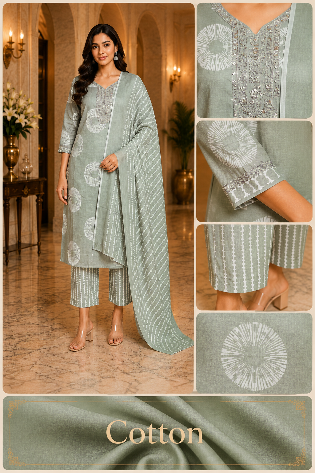 Sage Green Cotton 3-Piece Set with Embroidered Neckline