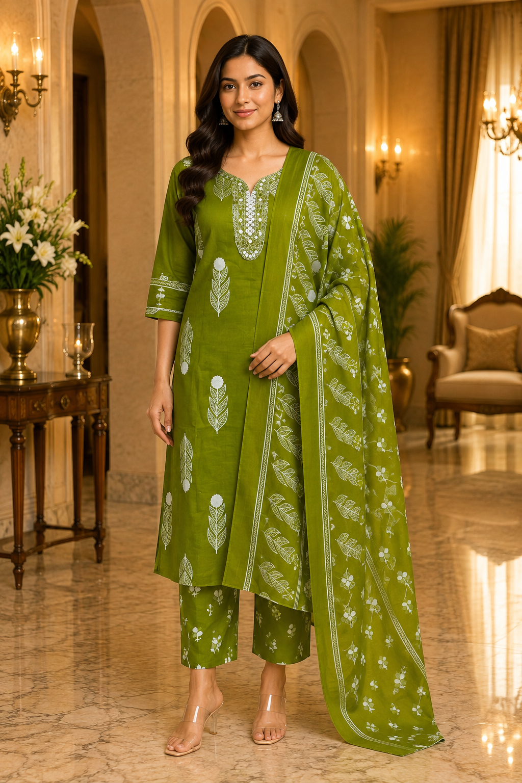 Olive Green Cotton 3-Piece Set with Embroidered Neckline