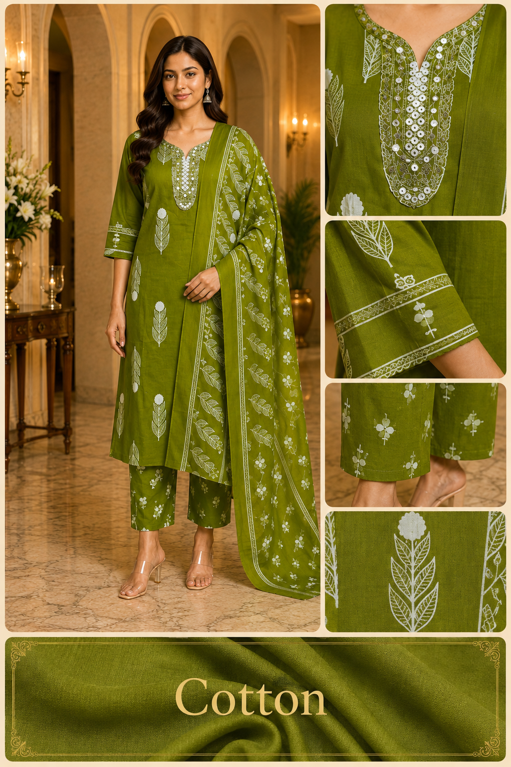 Olive Green Cotton 3-Piece Set with Embroidered Neckline