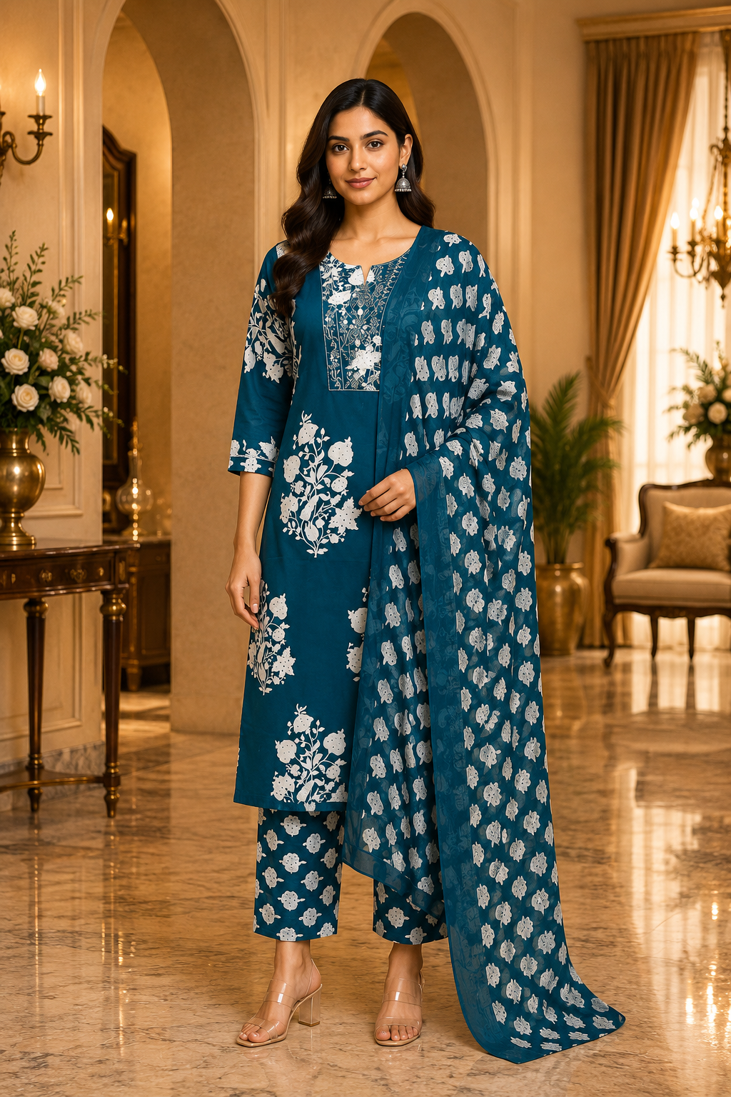 Teal Blue Cotton Printed 3-Piece Set