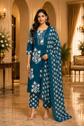 Teal Blue Cotton Printed 3-Piece Set