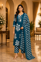 Teal Blue Cotton Printed 3-Piece Set