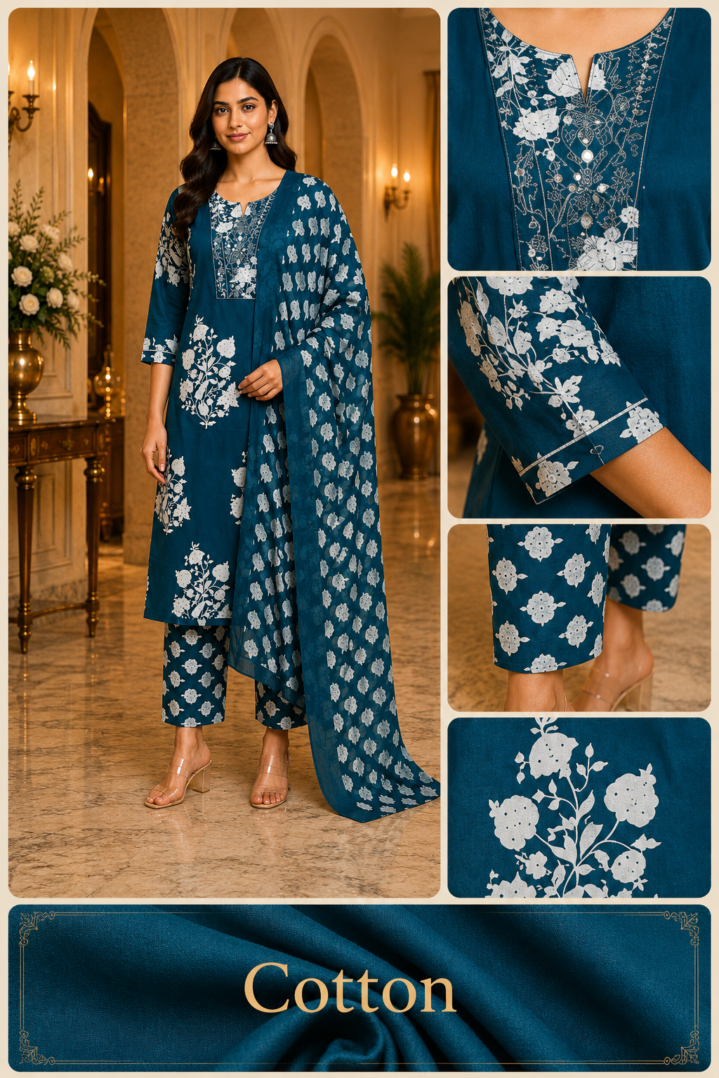 Teal Blue Cotton Printed 3-Piece Set