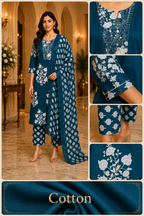 Teal Blue Cotton Printed 3-Piece Set