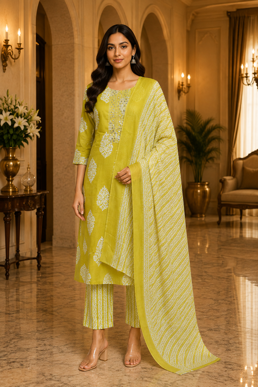 Lemon Yellow Cotton 3-piece Set with Embellished Neckline