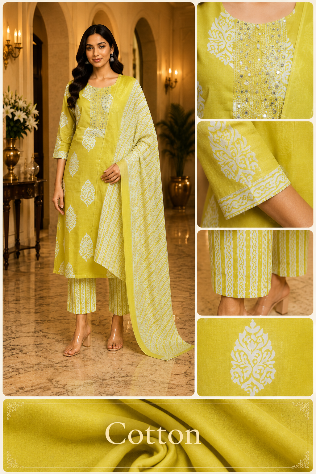 Lemon Yellow Cotton 3-piece Set with Embellished Neckline